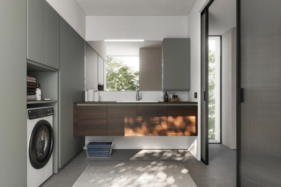 Italský systém pro prádelny Ideagroup Spazio Time – luxusní a praktický nábytek do technických místností v showroomu ASSO Praha. Designové řešení pro pračky a sušičky na míru jen u ASSO Praha.