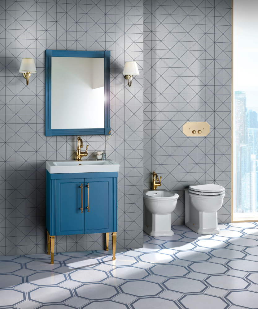 Koupelnová skříňka Gaia Mobili v anglickém neoklasicistním stylu. Elegantní dvoudveřový nábytek s rámovým designem, kompaktní rozměr pro malé koupelny, italské řemeslo v ASSO Praha